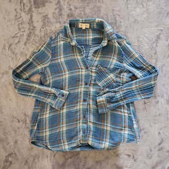 cloth & stone Tops - Cloth & Stone Top Shirt Women Medium Blue Plaid Gauze Button Long Sleeve Classic